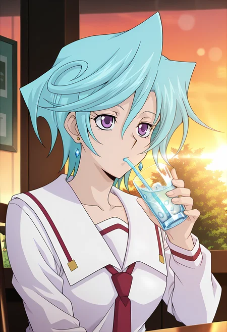 masterpiece,best quality,amazing quality,
1girl, solo, face focus,
Suiko Tatsunagi (Cardfight Vanguard), short hair, blue hair, purple eyes, collarbone, earrings, jewelry, school uniform, serafuku, white sailor collar, necktie, long sleeves, pleated skirt, socks, black footwear, mary janes,
cinematic, upper body, drinking sparkling water,
Sit, sitting, glass, cafe, greenery,
afternoon, sunset,
Lens flare, bloom,
Official style, anime screencap, anime coloring,