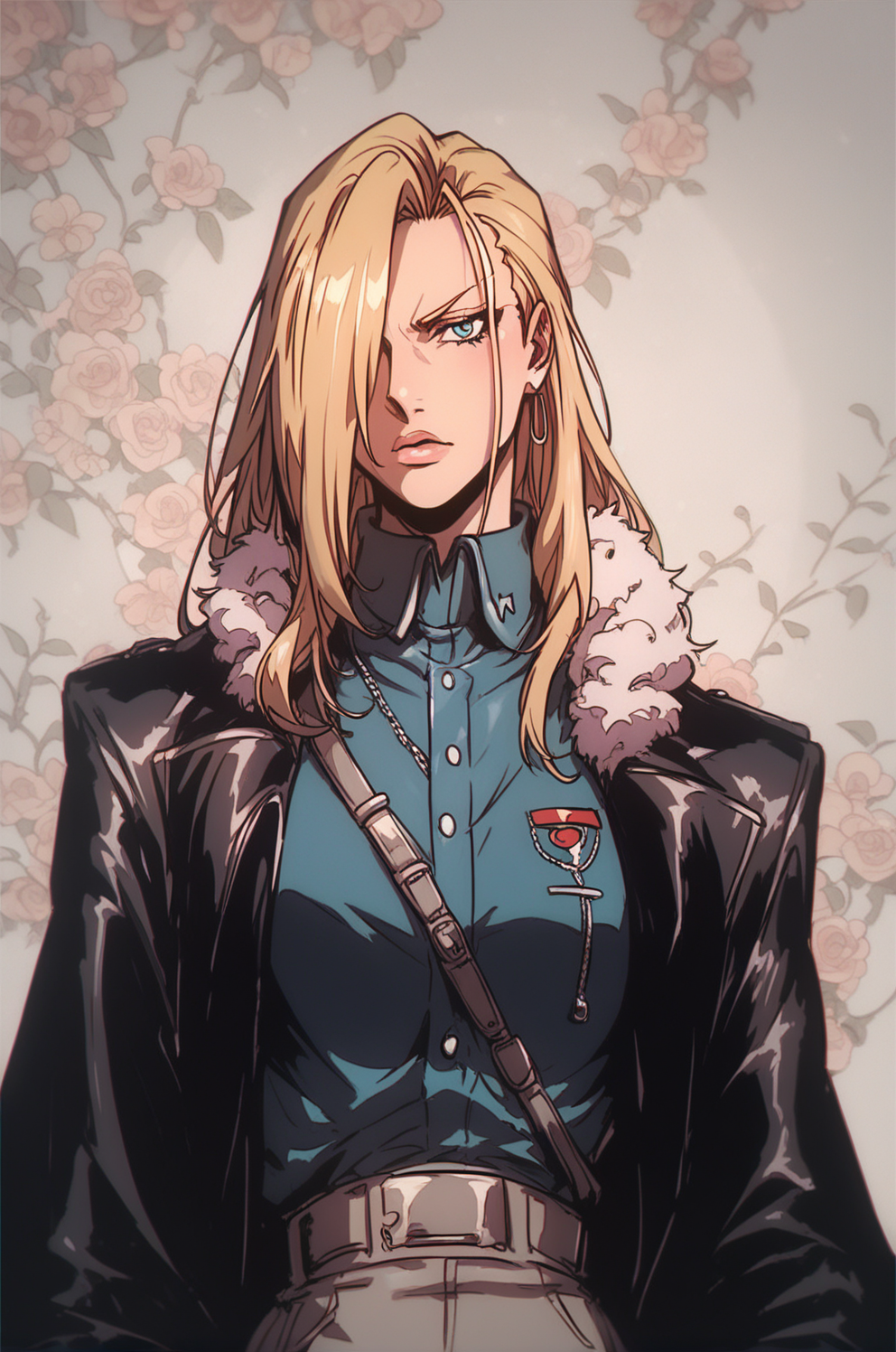 1girl,  <lora:Olivier Mira Armstrong Pony XL:0.8>, olivier_mira_armstrong, military uniform, hair over one eye, detailed background,  <lora:OldAnimeStyle_XL_v3:0.8> Vintage, 1990s \(style\),, score_9, score_8_up, score_7_up,, zPDXL