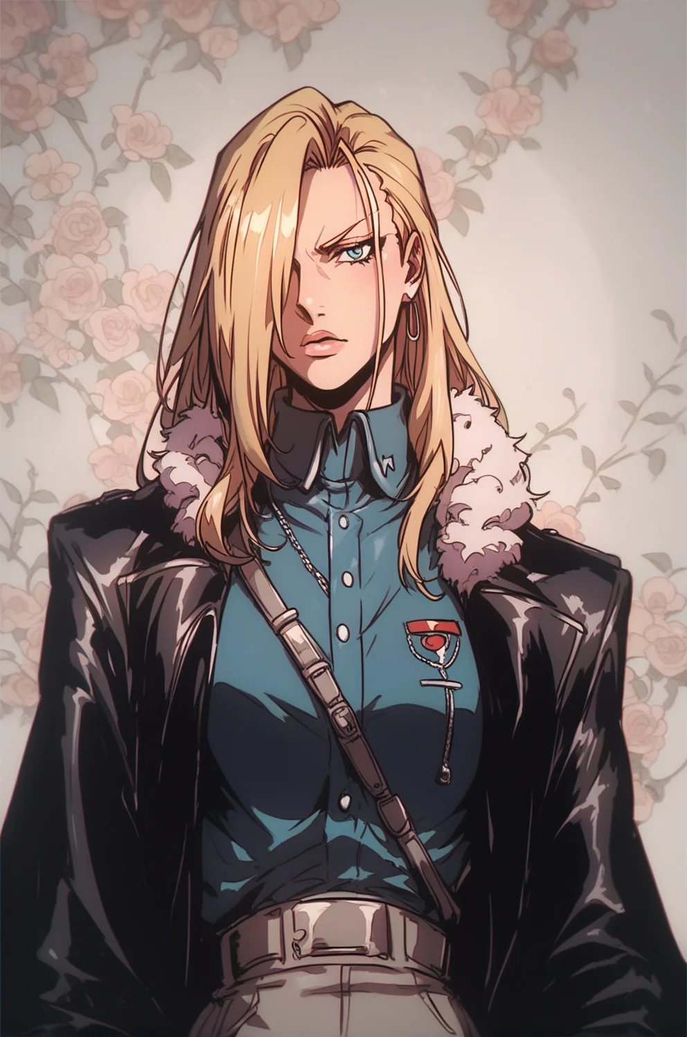 1girl, <lora:Olivier Mira Armstrong Pony XL:0.8>, olivier_mira_armstrong, military uniform, hair over one eye, detailed background, <lora:OldAnimeStyle_XL_v3:0.8> Vintage, 1990s \(style\),, score_9, score_8_up, score_7_up,, zPDXL