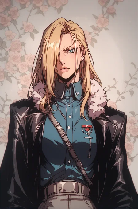 1girl,  <lora:Olivier Mira Armstrong Pony XL:0.8>, olivier_mira_armstrong, military uniform, hair over one eye, detailed background,  <lora:OldAnimeStyle_XL_v3:0.8> Vintage, 1990s \(style\),, score_9, score_8_up, score_7_up,, zPDXL