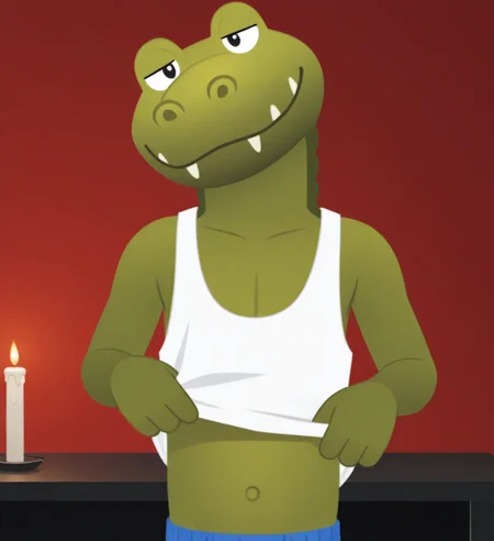 high resolution, best quality, 4k, solo, male, sfw, upper body, white tank top, lifting shirt, navel, looking at viewer, head tilt, bedroom eyes, smug, smile, (under shade, 3d render, backlighting), candles background, <lora:Jet_-_Astroblast_IL:0.95> abjetab, scalie, alligator, green skin, big snout, fangs, 3 fingers, black eyes