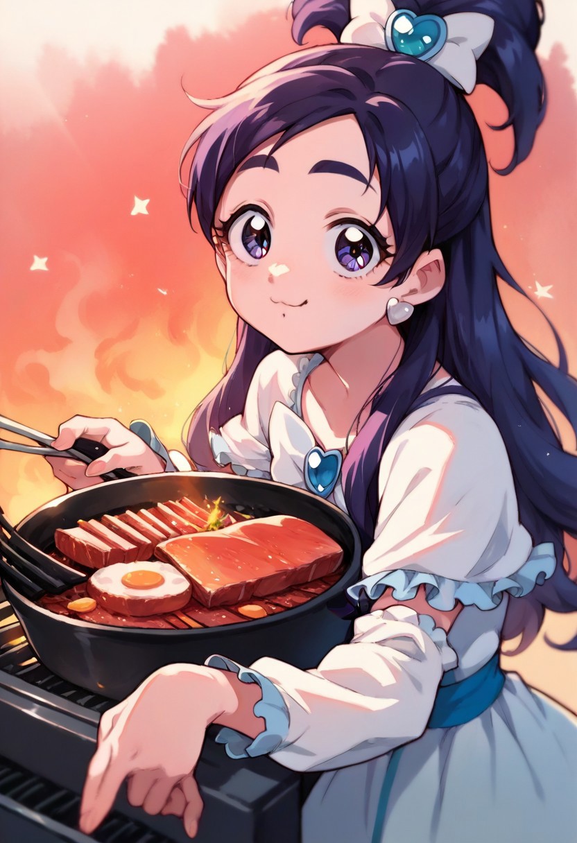 score_9, score_8_up, score_7_up, score_6_up, score_5_up, source_anime, cute, kawaii, 1girl, cute anime girl, kawaii anime girl, curewhite, cute face, at home, barbecue, grill, meat, looking at viewer