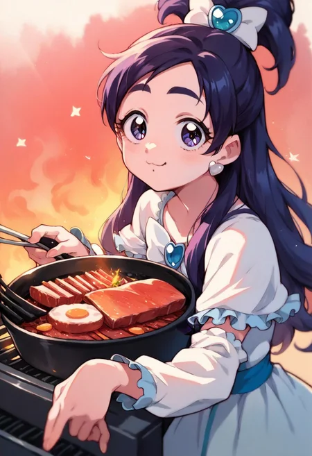 score_9, score_8_up, score_7_up, score_6_up, score_5_up, source_anime, cute, kawaii, 1girl, cute anime girl, kawaii anime girl, curewhite, cute face, at home, barbecue, grill, meat, looking at viewer