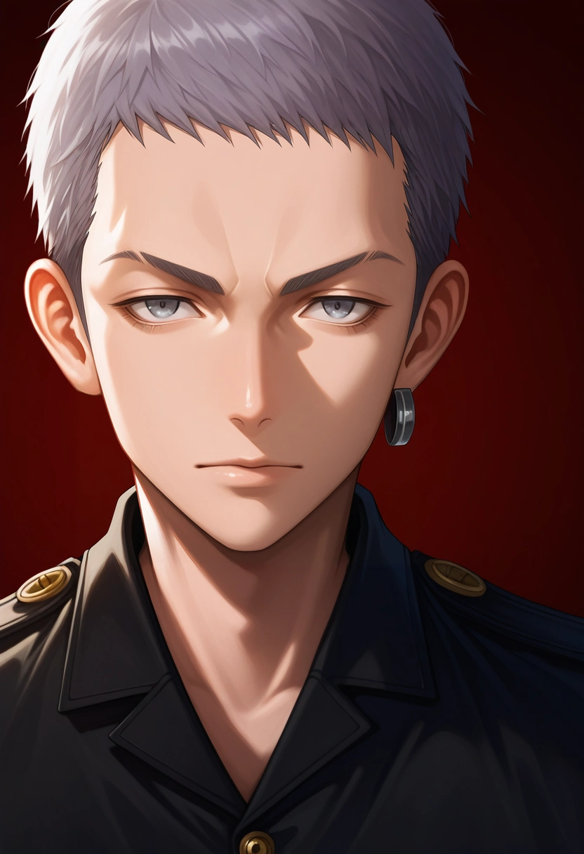 masterpiece, best quality, , (realistic:0.6),, 1boy, solo, male focus, <lora:takashi_mitsuya_ilxl:1>, takashi_mitsuya, grey hair, grey eyes, short hair, single earring, gakuran, black jacket, uniform,