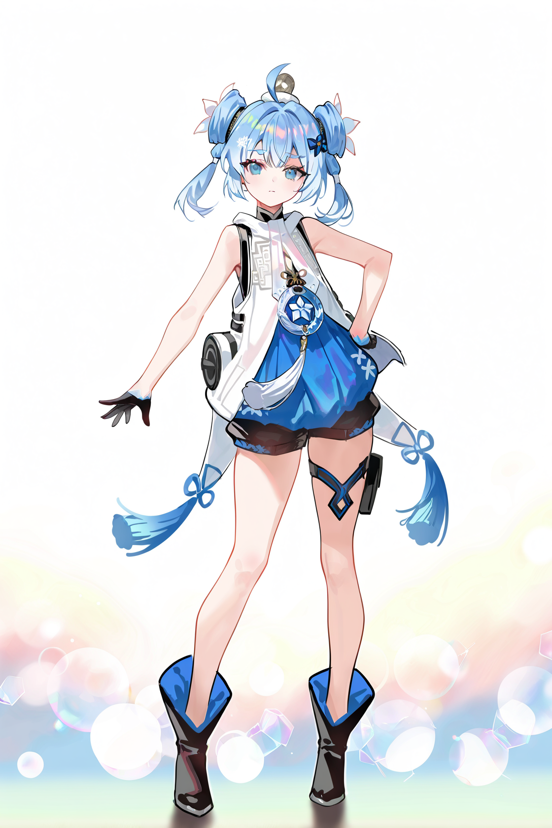 8k, best quality, masterpiece, (ultra-detailed), (high detailed skin), 
((artist:reoen),(artist:fuzichoco),(artist:atdan),(artist:torino_aqua),year 2024:0.8)1girl, 8k, masterpiece, best quality, colorful, detailed light, light leaks, sunlight, bokeh, blurry foreground, ray tracing, lens flare, cinematic lighting, 
full body, full shot, standing, looking at viewer, (solo:1.2), simple background, white background, hand on own hip, 
<lora:youhu-noob-Tanger-000014:0.8>, youhu, def-youhu clothes, 1girl, solo, gloves, blue eyes, blue hair, black footwear, white background, full body, boots, looking at viewer, simple background, hair ornament, shorts, closed mouth, ahoge, bare shoulders, black gloves, sleeveless, bangs, standing, straight-on, outstretched arms, double bun, 
A full-body portrait of a young girl, standing gracefully, pastel art style, high-key lighting, shoujo manga influence, hd quality, delicate details,