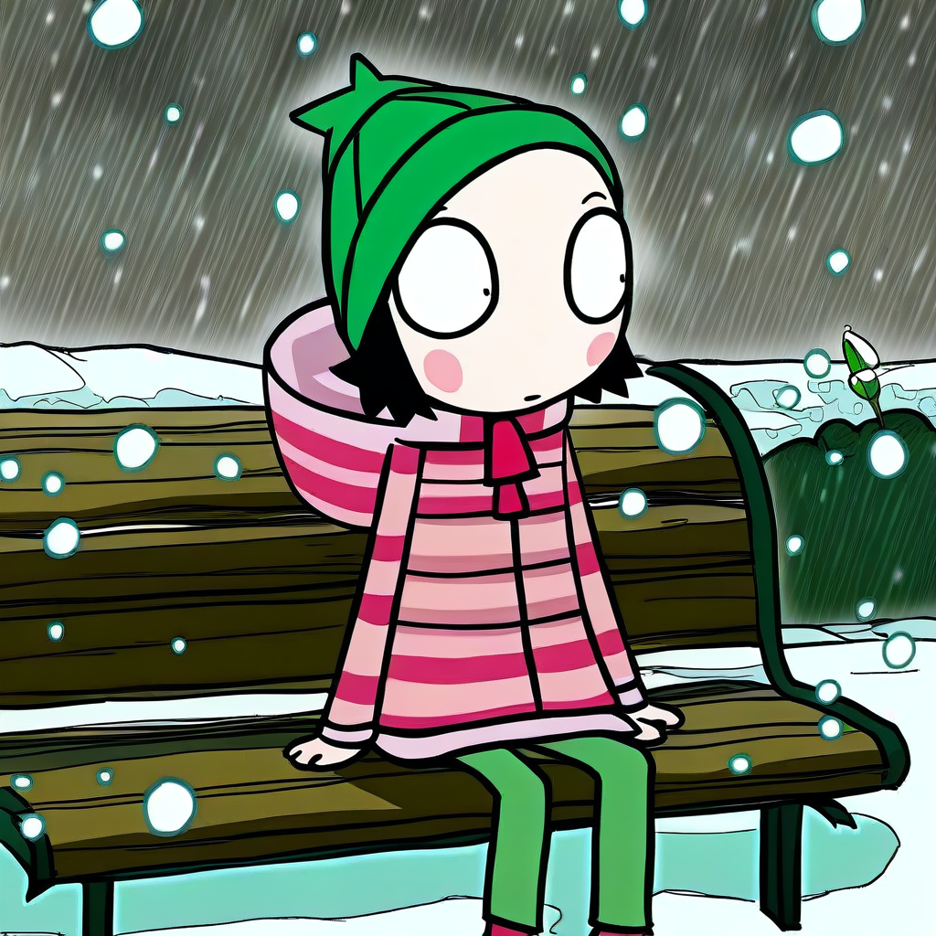 score_9, solo, sarah_ad, 1girl, beanie, black hair, short hair, blush stickers, coat, hood, pants, sitting, bench, outdoors, snowing