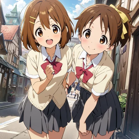 2girls,petite,hirasawa yui,hirasawa ui,town,school uniform,smile,small breasts,best quality,masterpiece, <lora:XDetail_light:0.6>