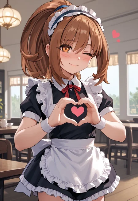 score_4,score_5,score_6,score_7_up,score_8_up,score_9 ((masterpiece,best quality,ultra detailed,highres,HD,4k:1.2)), 
1girl, solo,solo focus,girl focus,face focus,
Kohaku(iX),((brown hair)), orange eyes, ponytail, sidelocks,hairband,very small breast,petite,
Maid outfit,Sleeveless, maid headband, frilly apron,Short sleeves, short skirt, thighs,
inside the cafe, ((Make a heart symbol with both hands, heart with both hands,heart hands,heart symbol,heart,heart effect,)), 
blush,shy,smile,((wink,closed one eye)),