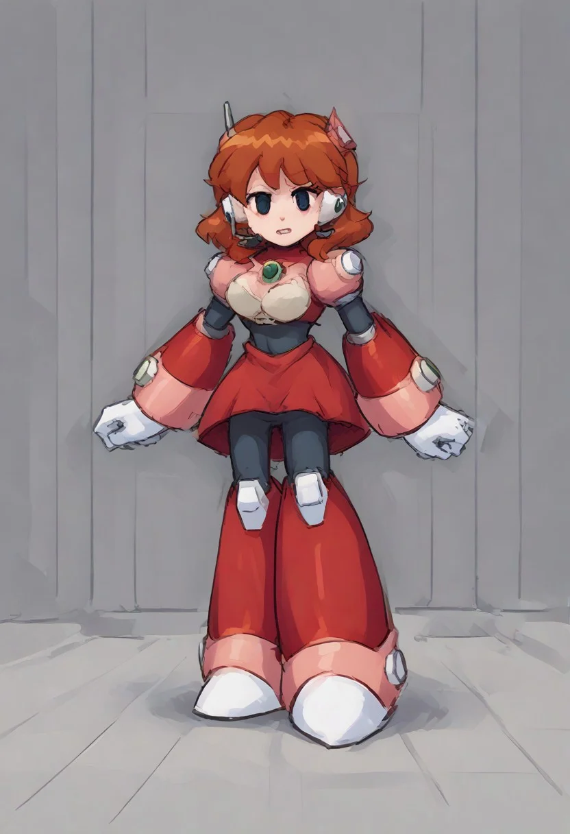 megamanreploid, android, gloves, armor, bodysuit, robot ears, headset, white gloves, Alia's bodysuit, red dress, mecha dress, armored dress, GF FNF, HD Quality, FHD quality