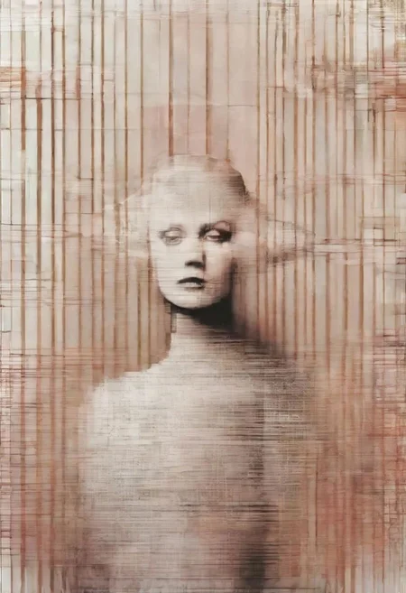 Monochrome black and white, Giger, Beksinski, Zawadzky, Dali, Magritte, Delvaux, Bellmer, Malevitch, Rodchenko, Mondrian, Kandinsky, Popovna, psychedelic hallucination, pop surrealism, rough crosshatch drawing pop art Lunatic_Portrait of a young woman in latex Avant-garde Fashion page, slick back, low bun, black makeup, sinister expression, intense glare, avant-garde, abstract, weird, geometric, constructivism, suprematism, rayonism, verticism, lineism, tj