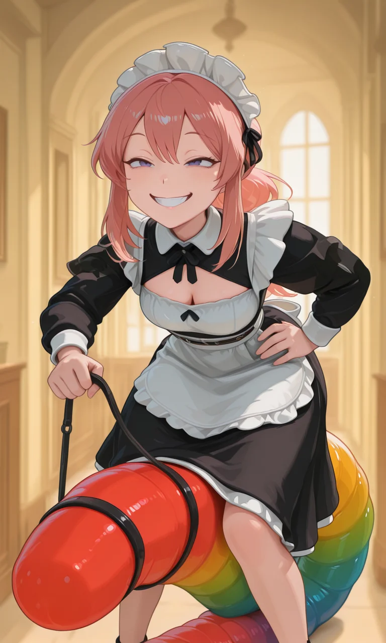 embedding:IllusP0s, g00se, 1girl, purple eyes, pink hair, riding gummy worm, reigns, hand on hip, leaning forward, grin, french maid outfit, solo, 1girl,<lora:g00se_v2_ill.safetensors:1.0:1.0> <lora:CivChan.safetensors:0.7:0.7> <lora:riding gummy worm_reigns_illustrious.safetensors:1:1>