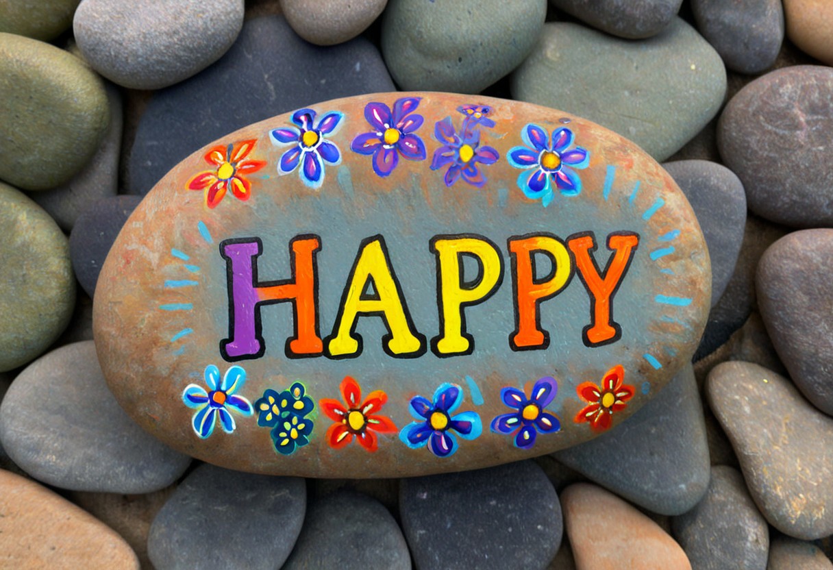 Happy stones. a painted stone, with beautiful colors and a text that reads: "HAPPY"