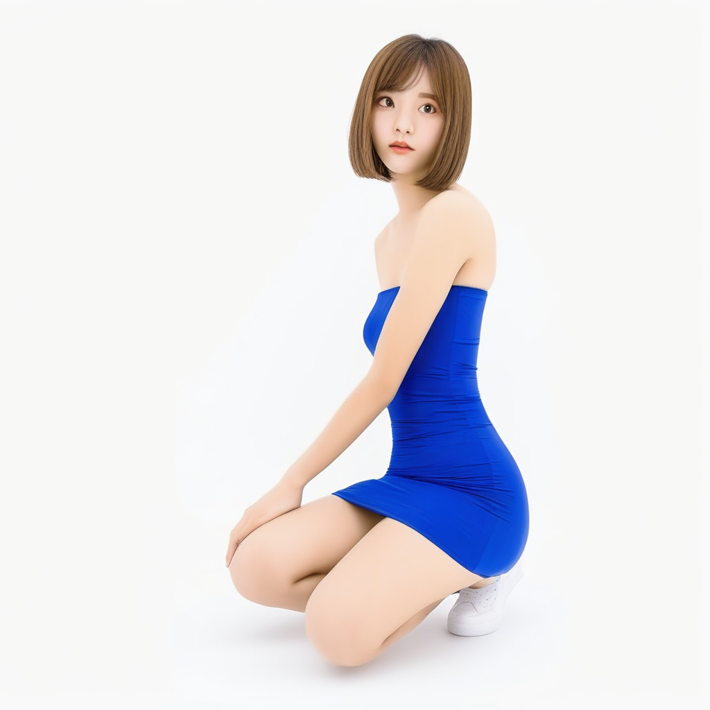 1girl, tube dress, short dress, blue dress, white background, sitting, from side