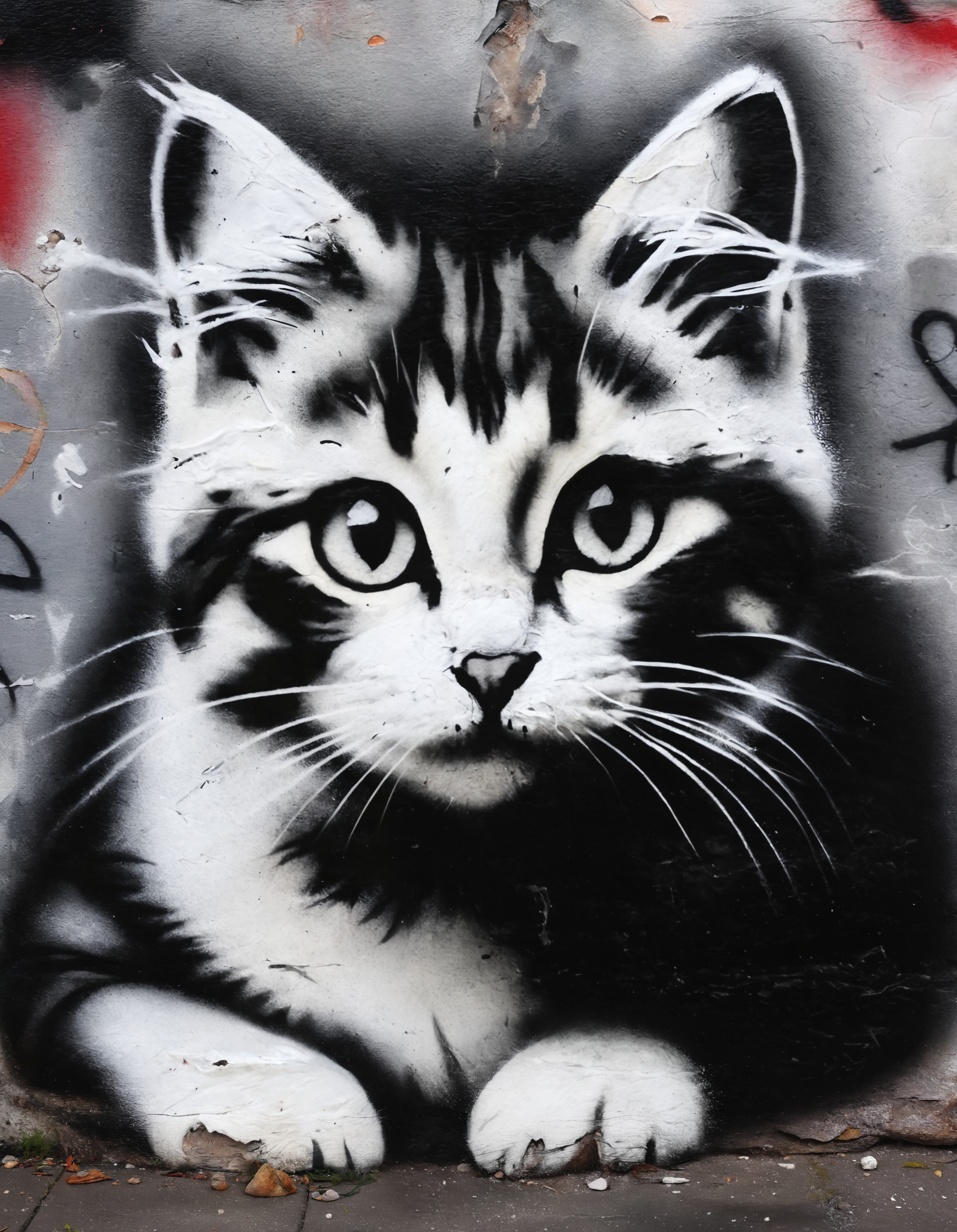 zavy-fzzgrfft, graffiti spray of a cat, monochrome, black and white,