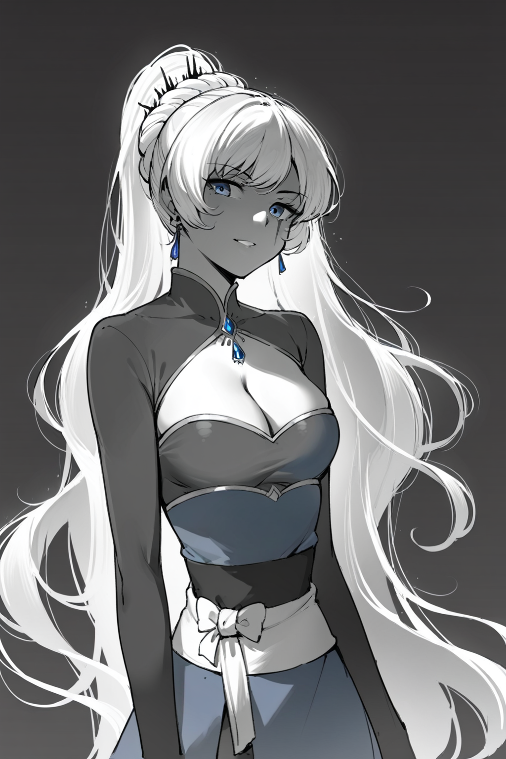 score_9, score_8_up, score_7_up, rwby, weiss schnee, blue dress, blue eyes, cleavage, long hair, sash, scar, shrug \(clothing\), very long hair, solo, solo focus, portrait, simple background, black background, monochrome, greyscale, dark  Walking forward with a confident stride., spot color, <lora:dblack:1>