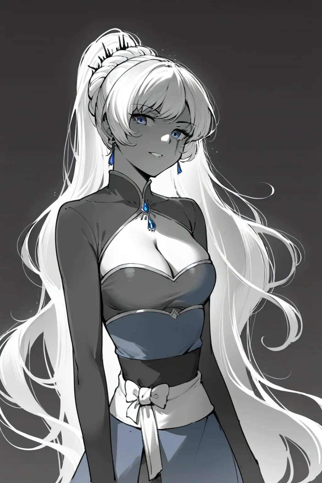score_9, score_8_up, score_7_up, rwby, weiss schnee, blue dress, blue eyes, cleavage, long hair, sash, scar, shrug \(clothing\), very long hair, solo, solo focus, portrait, simple background, black background, monochrome, greyscale, dark Walking forward with a confident stride., spot color, <lora:dblack:1>
