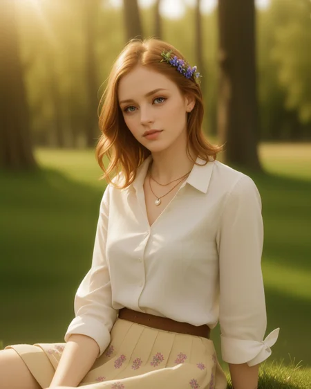 superbloom scenery, 24yo attractive irish redhead, (striking eyes with full limbal ring visible, piercing gaze with prominent limbal rings, large expressive eyes with sharp limbal rings, intense wide eyed stare at viewer:1.4), wide cinematic establishing shot seductive young woman sitting having picnic under tree, (bra strap, cleavage,  young adult irish redhead:1.25), (style of Alessio Albi:1.4), Realist Portraiture, Soft Lighting, Emotional Depth, Simple Compositions, (Layered Depth, Soft focus foreground, Painted Scenery:1.1), alluring feminine physique, short backlit hair, perfect face, thin upper lip, pouting lower lip, thin brows, small upturned nose, bow-shaped lips, Raised Eyebrows, Focused Gaze, eager expression, quaint farm setting, (relaxed country woman), (tight unbuttoned shirt, thin material), subsurface scattering, classic cotton, soft pastel, intricate embroidery collar cuffs, rolled-up sleeves revealing sun-kissed forearms BREAK (blanket:1.15), rich textures, patchwork design, vibrant colors, detailed stitching, homely aesthetic (skirt), elegant rustic charm, subtle floral pattern, linen, sways breeze BREAK ((wildflower wreath)), crown delicate chain necklace, small, intricate pendant, heart-shaped with floral theme, glowing subtly in the soft light, ethereal quality, [lens flare glinting], (mischievous yet content expression), lush green fields in the background, (soft, sunlit ambiance), simple leather boots, carefree hair  <lora:kodak_ultramax_400:0.8> golden hour, soft golden light, pastel sky, relaxed posture, natural smile, earthy colors, candid moment, trees and flowers in background, leading lines, depth of field, slightly off-center framing, warm tones, cinematic look, natural setting, editorial style, soft textures, subtle lighting, peaceful mood