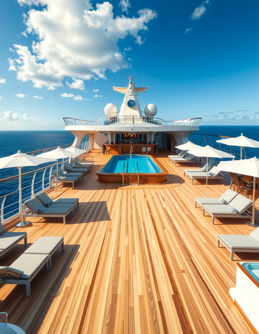 A wide, high-resolution view of the upper deck of a modern luxury cruise ship, completely empty of people. The deck features a clean, polished teak wood floor and sleek white railings along the edges. Several neatly arranged lounge chairs line both sides, with large white parasols providing shade. In the center of the deck, a crystal-clear swimming pool reflects the blue sky, with no one in or around it. To one side, a stylish bar area with a curved canopy stands closed, with colorful bottles and barstools neatly arranged. The background reveals the endless ocean meeting the horizon, under a bright, cloud-speckled blue sky. The lighting is natural daylight, casting soft shadows and highlighting the modern, serene, and luxurious ambiance of the cruise ship deck. No signs of human presence â everything is pristine, calm, and ready for guests.
<lora:SDXLFaeTastic2400:0.4> <lora:extremely_detailed:0.4> extremely detailed,<lora:luxury_cru1s3_sh1p:1>,luxury cru1s3 sh1p, Masterpiece,best quality,hi res,8k,hi res,8k,award winning,(sharp focus, intricate, highly detailed),