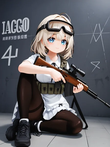 detailed background, shiny skin, posing, rating safe,
<lora:nanako.pony:1>,
nanako,
medium breasts, 
dress, 
holding rifle, tactical goggles, aiming viewer, 
scope to eye, keeling down, sit, 
black pantyhose,