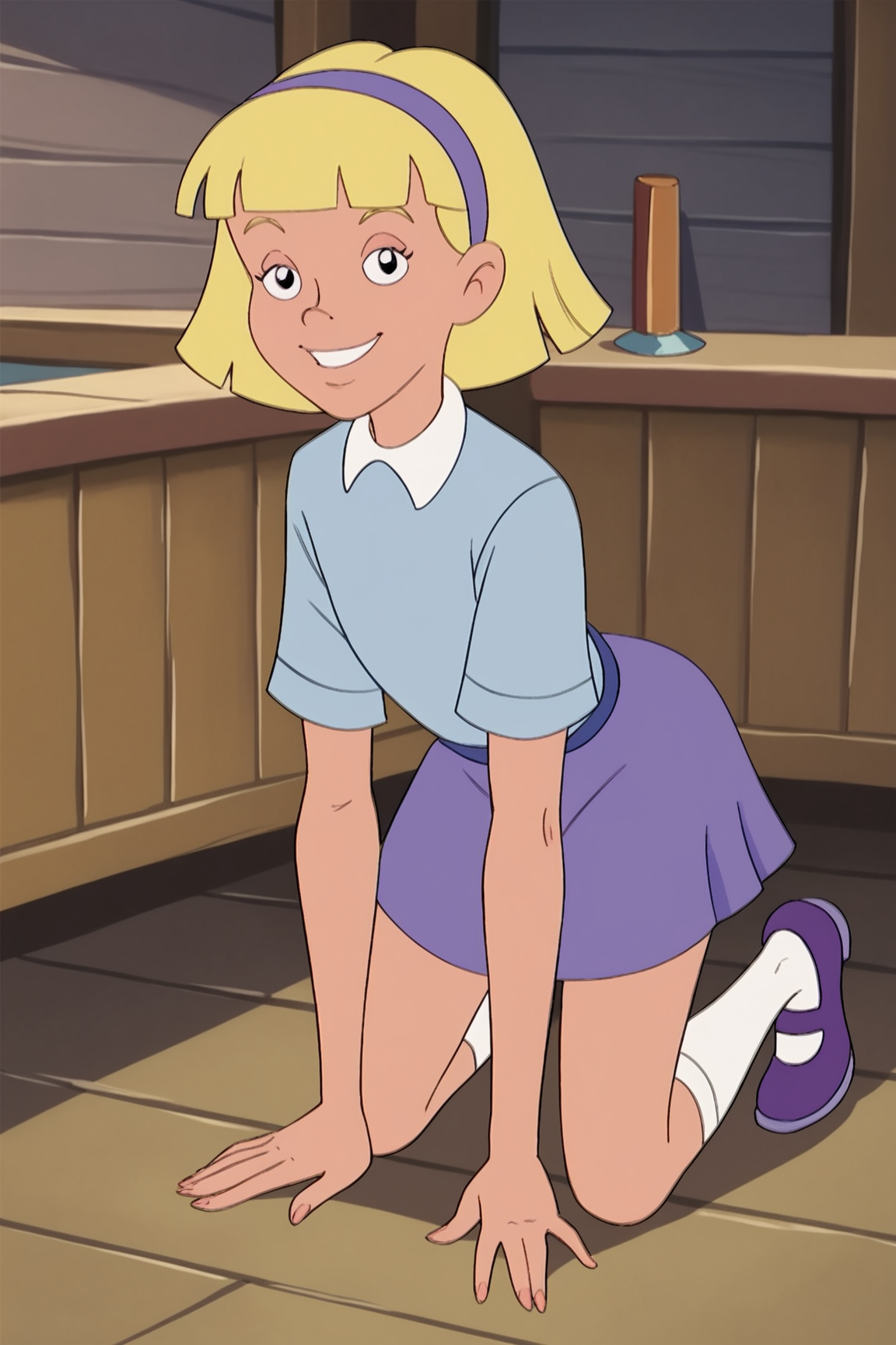 score_9, score_8_up, score_7_up, score_6_up, BREAK, AnnikaSPLXL, retro artstyle, blonde hair, short hair, blunt bangs, purple hairband, female child, flat chest, white collar shirt, blue shirt, short sleeves, purple skirt, white socks, purple shoes, solo, full body, all fours, seductive smile, looking at viewer, indoors <lora:AnnikaSPLXL:1>