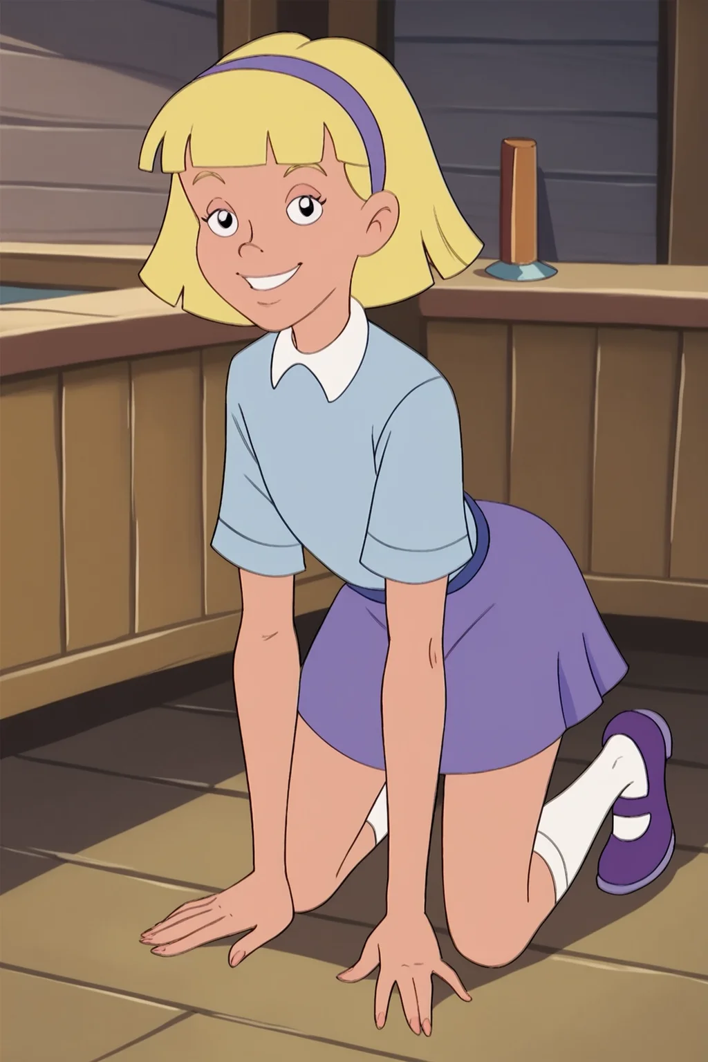 score_9, score_8_up, score_7_up, score_6_up, BREAK, AnnikaSPLXL, retro artstyle, blonde hair, short hair, blunt bangs, purple hairband, female child, flat chest, white collar shirt, blue shirt, short sleeves, purple skirt, white socks, purple shoes, solo, full body, all fours, seductive smile, looking at viewer, indoors <lora:AnnikaSPLXL:1>