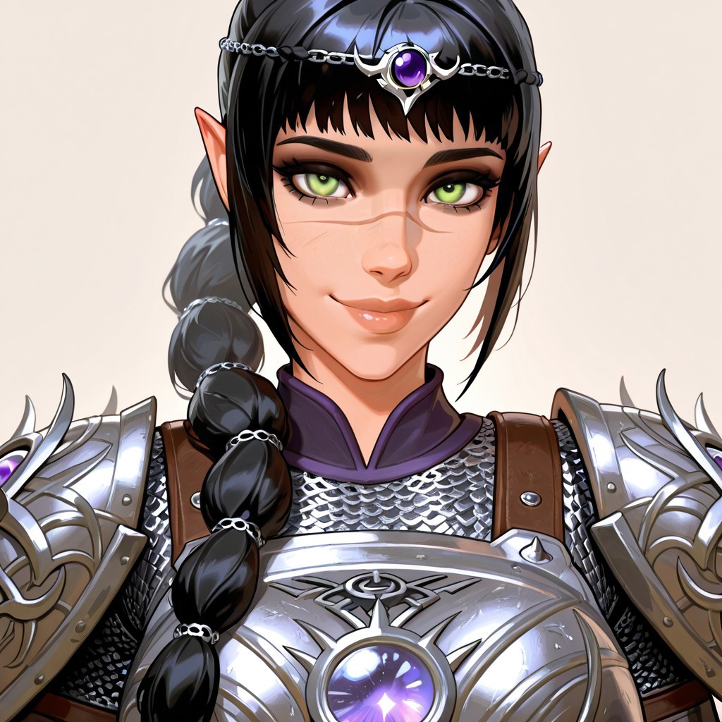 masterpiece,best quality,amazing quality, absurdres, <lora:shadowheart_bg3_ilxl_goofy:1> shadowheart \(baldur's gate\), 1girl, black hair, braid, breasts, elf, detailed eyes, green eyes, large breasts, detailed lips, glossy lips, long hair, looking at viewer, multi-tied hair, pointy ears,scar on face,  simple background, smile, solo, body armor, shoulder pads, ,breastplate, chainmail,
