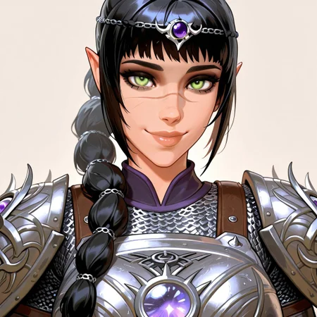 masterpiece,best quality,amazing quality, absurdres, <lora:shadowheart_bg3_ilxl_goofy:1> shadowheart \(baldur's gate\), 1girl, black hair, braid, breasts, elf, detailed eyes, green eyes, large breasts, detailed lips, glossy lips, long hair, looking at viewer, multi-tied hair, pointy ears,scar on face,  simple background, smile, solo, body armor, shoulder pads, ,breastplate, chainmail,