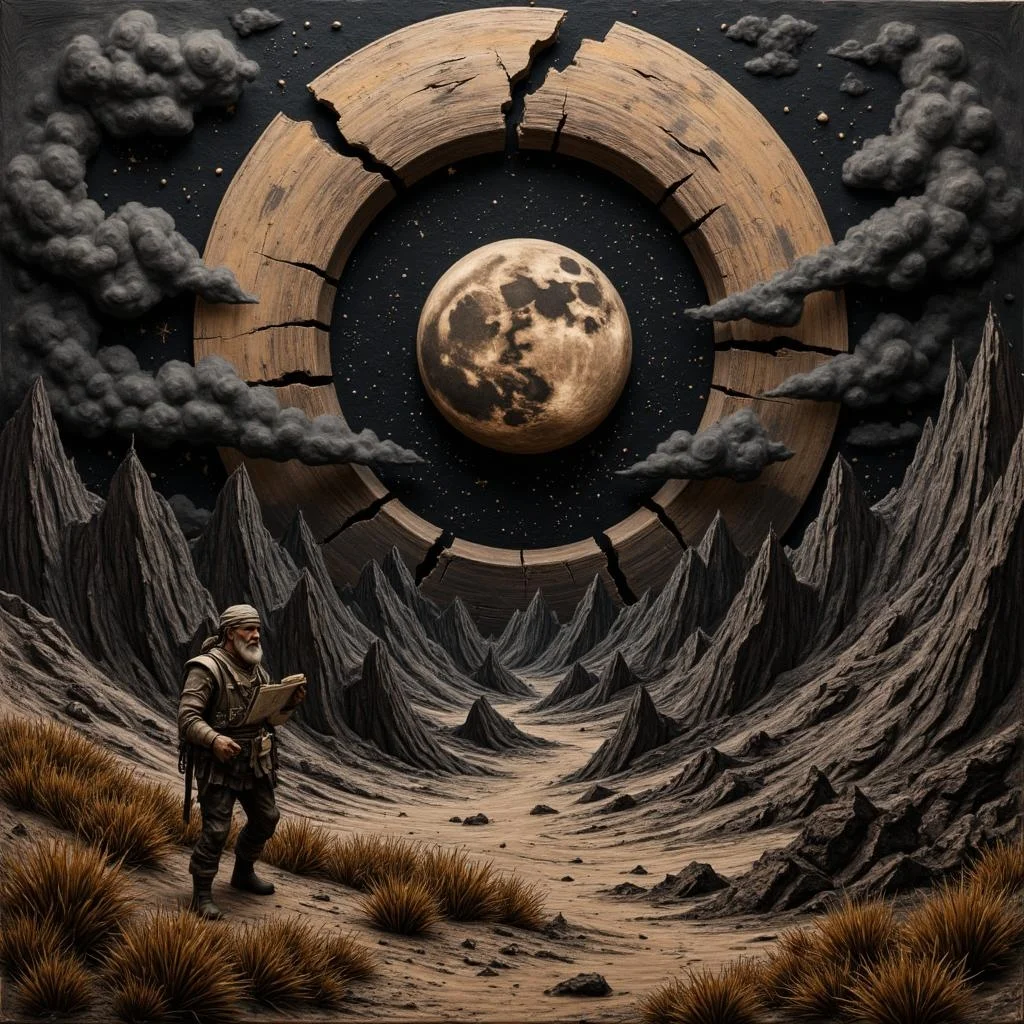 <lora:rbcharc0al_flux.safetensors:1> rbcharc0al
traditional medium art, motion art, highly detailed
In a post-apocalyptic version of this intricate relief, the once serene and harmonious landscape is now a desolate wasteland. The large, round celestial body at the center is now a shattered moon, its surface cracked and pockmarked, with deep fissures that speak of the catastrophic events that have ravaged this world. The moon is encircled by swirling forms that now resemble dark, toxic clouds, rendered in ominous shades of grey and black, adding a sense of foreboding to the astral setting. The cosmic background is no longer a dark, empty void but is filled with dust, debris, and the faint glow of distant stars, hinting at the magnitude of the disaster.
The lower section of the relief is transformed into a barren, ravaged landscape. The jagged mountains, once black and angular, are now crumbling and covered in cracks, their forms eroded by time and the relentless forces of nature. These peaks rise from a desolate expanse below, where the once-verdant fields of grass are now withered and charred, their lifeless remains scattered with the debris of a fallen civilization. The grasses, once bending gently in the breeze, now lie broken and still, their movement arrested by the heavy weight of silence and decay.
The artistic piece remains a mixed-media creation, offering a tactile quality that combines elements of painting and sculpture. However, the materials are now rough and weathered, bearing the marks of age and abandonment. The craftsmanship still highlights meticulous attention to detail, but now it focuses on the raw and brutal beauty of a world in ruins. The way light and shadow play across the shattered moon and the withered grass creates a haunting, almost surreal atmosphere, inviting the viewer to contemplate the fragility of existence.
In this post-apocalyptic scene, the characters have adapted to the harsh conditions. A middle-aged man, with a weathered face and a thick beard, stands at the edge of the crumbling landscape. His tattered clothing, a patchwork of scavenged materials, is adorned with makeshift armor and a worn, but sturdy, weapon. His eyes, sharp and vigilant, scan the horizon for any signs of danger or hope. Beside him, a woman of similar age, with a determined expression and a scarf tied over her hair, holds a map and a compass, her hands scarred and calloused from years of survival. The contrast between the dark upper portion and the desolate lower terrain creates a balanced composition that is both haunting and thought-provoking, reflecting the resilience and indomitable spirit of those who endure in the face of devastation.