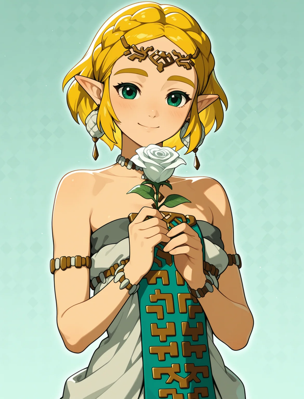 masterpiece, best quality, amazing quality BREAK zelda1x, hyruledress, holding white roses, smile, triforce background <lora:Zelda:1>