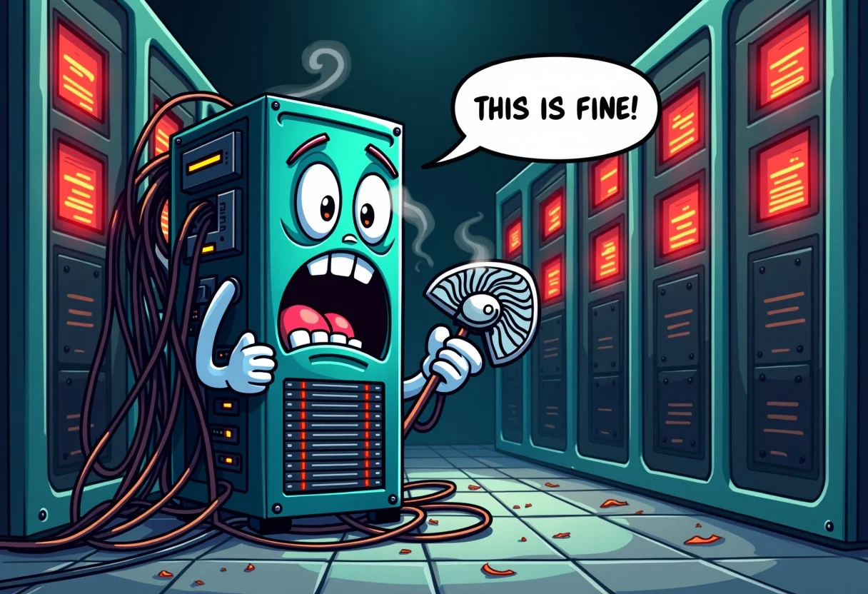 (server background:0.9), (chaos:1.2), chaotic server room, cartoon, server racks(red and orange warning lights), (smoking:0.8), (anthropomorphic server tower character:1.4), (speech bubble "THIS IS FINE") sweating and frantically holding a small fan, tangled cables