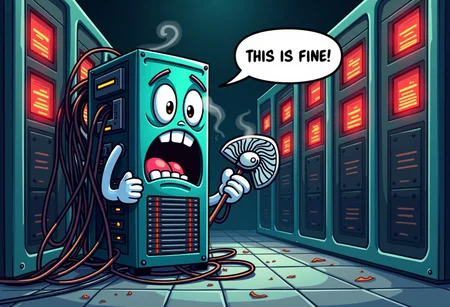 (server background:0.9), (chaos:1.2), chaotic server room, cartoon, server racks(red and orange warning lights), (smoking:0.8), (anthropomorphic server tower character:1.4), (speech bubble "THIS IS FINE") sweating and frantically holding a small fan, tangled cables
