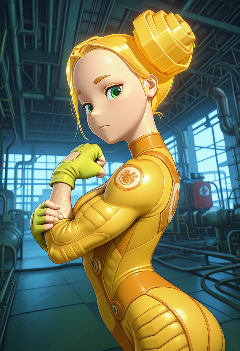Graphic Design, color art, vibrant colors, colorful, intricate details, high contrast, detailed background, beautiful detailed, beautiful face, detailed eyes, detailed face, new, 1girl, solo, shpulya, yellow hair, double bun, green eyes, gloves, fingerless gloves, bodysuit, yellow bodysuit, upper body, one hand on own arm, one arm flexing, rolled sleeves, from side, muscular female, looking at viewer, factory, (masterpiece, best quality, newest, recent, absurdres),