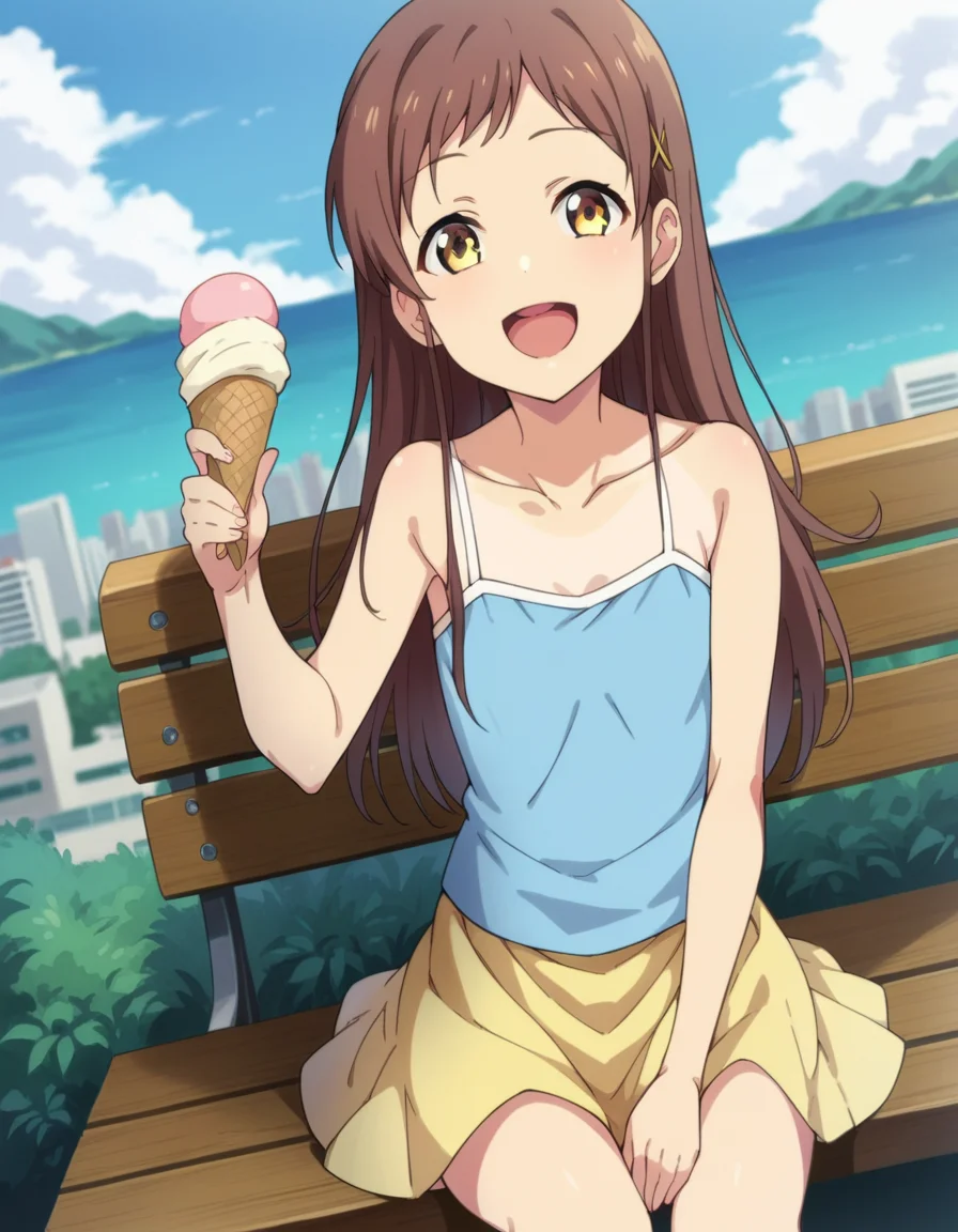 score_9, score_8_up, score_7_up, source_anime,
chiesayama, <lora:chie-sayama-ponyxl-lora-nochekaiser:1>
chie sayama, brown hair, yellow eyes, hair ornament, hairclip,
camisole, blue camisole, bare shoulders, collarbone, skirt, yellow skirt,
outdoors, cityscape, eating, smile, ice cream, sitting, bench, open mouth,
looking at viewer, dutch angle, cowboy shot,
