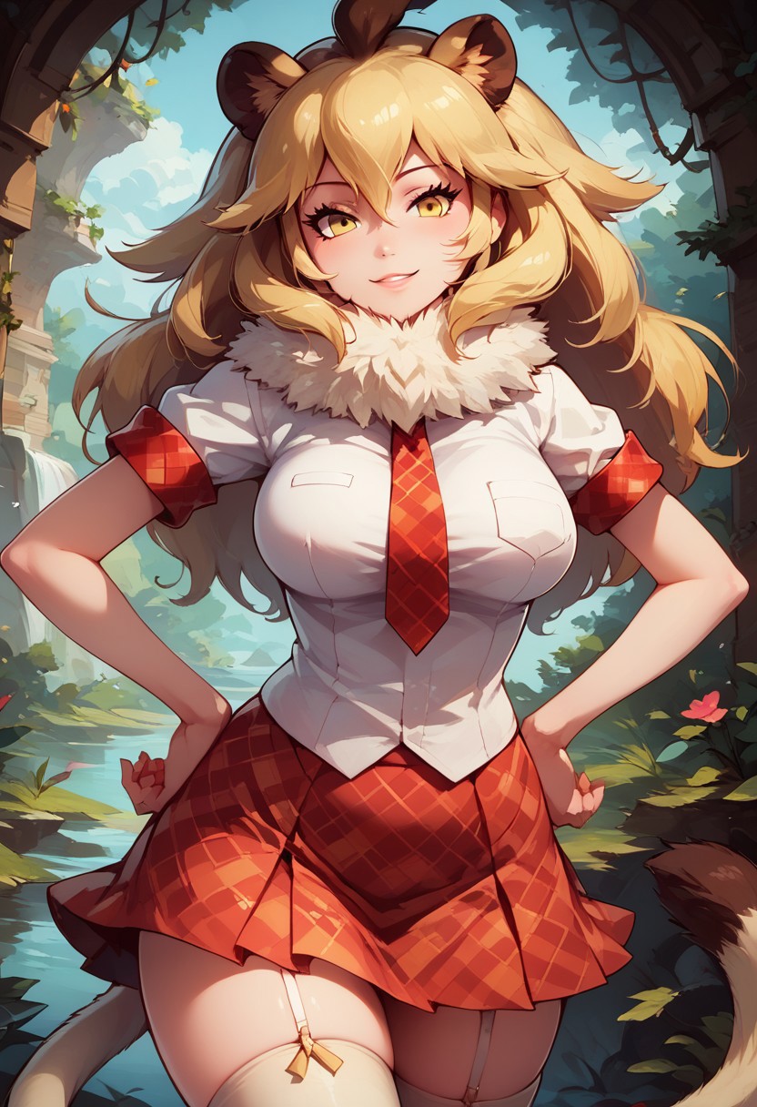 score_9, score_8_up, score_7_up, 1girl, adult , mature, large breasts, lion (kemono friends), blonde hair, animal ears, tail, yellow eyes, long hair, hair between eyes, white shirt, short sleeves, fur collar, red skirt, plaid skirt, red necktie, plaid necktie, thighhighs, breast pocket, white shoes, highly detailed, intricate, zzCitronLegacy, enchanted grotto, hands on hips, head tilt, naughty smile
