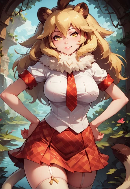 score_9, score_8_up, score_7_up, 1girl, adult , mature, large breasts, lion (kemono friends), blonde hair, animal ears, tail, yellow eyes, long hair, hair between eyes, white shirt, short sleeves, fur collar, red skirt, plaid skirt, red necktie, plaid necktie, thighhighs, breast pocket, white shoes, highly detailed, intricate, zzCitronLegacy, enchanted grotto, hands on hips, head tilt, naughty smile