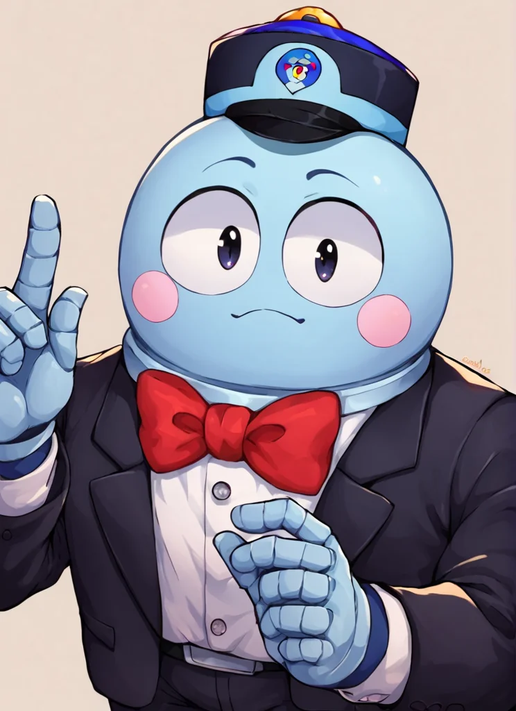 score_9, score_8_up, score_7_up, <lora:bslou:1>bslou , 1 boy , robot, black hat , Elegant Hat , blue body , blush stickers, red bowtie , black suit , looking at viewer,