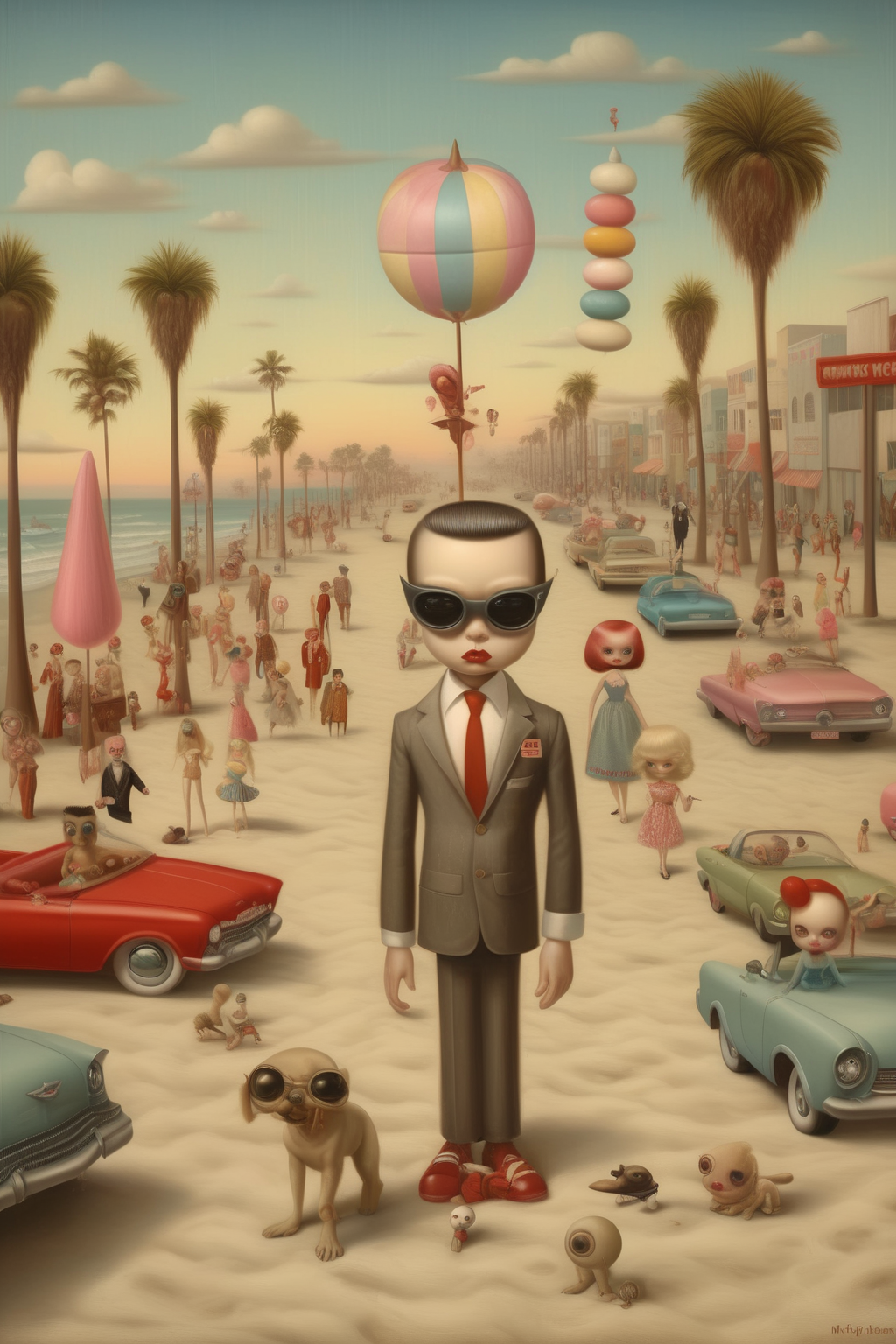 <lora:Mark Ryden Style:1>Mark Ryden Style - Venice Beach in the 1960's in a cinimatic style as imagined