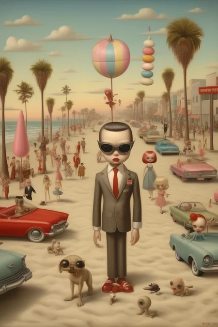 <lora:Mark Ryden Style:1>Mark Ryden Style - Venice Beach in the 1960's in a cinimatic style as imagined