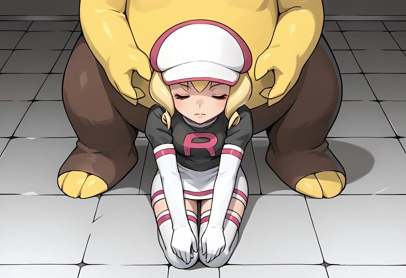 score_9, score_8_up, score_7_up, source_anime,
BREAK,
1girl, 3/4 view, ctiand0min0, eyes closed, black uniform, logo, white elbow gloves, hat, white skirt, thighhighs boots, cute, sitting, sleeping, laying on a tile floor
BREAK,
pokemon (creature), Drowzee, standing up, hypnotizing
