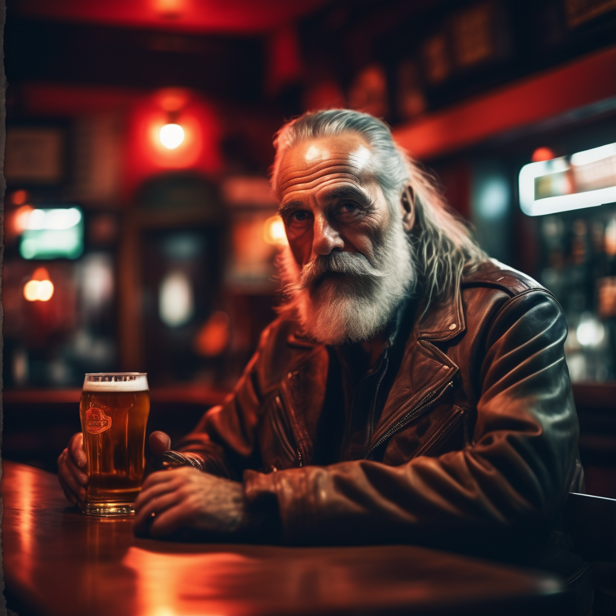 velumia close up straight-on portrait at a tablein the bar with beer, old motorcyclist with long gray beard at night, cinematic, professional photo, very detailed red light <lora:velumia:1>