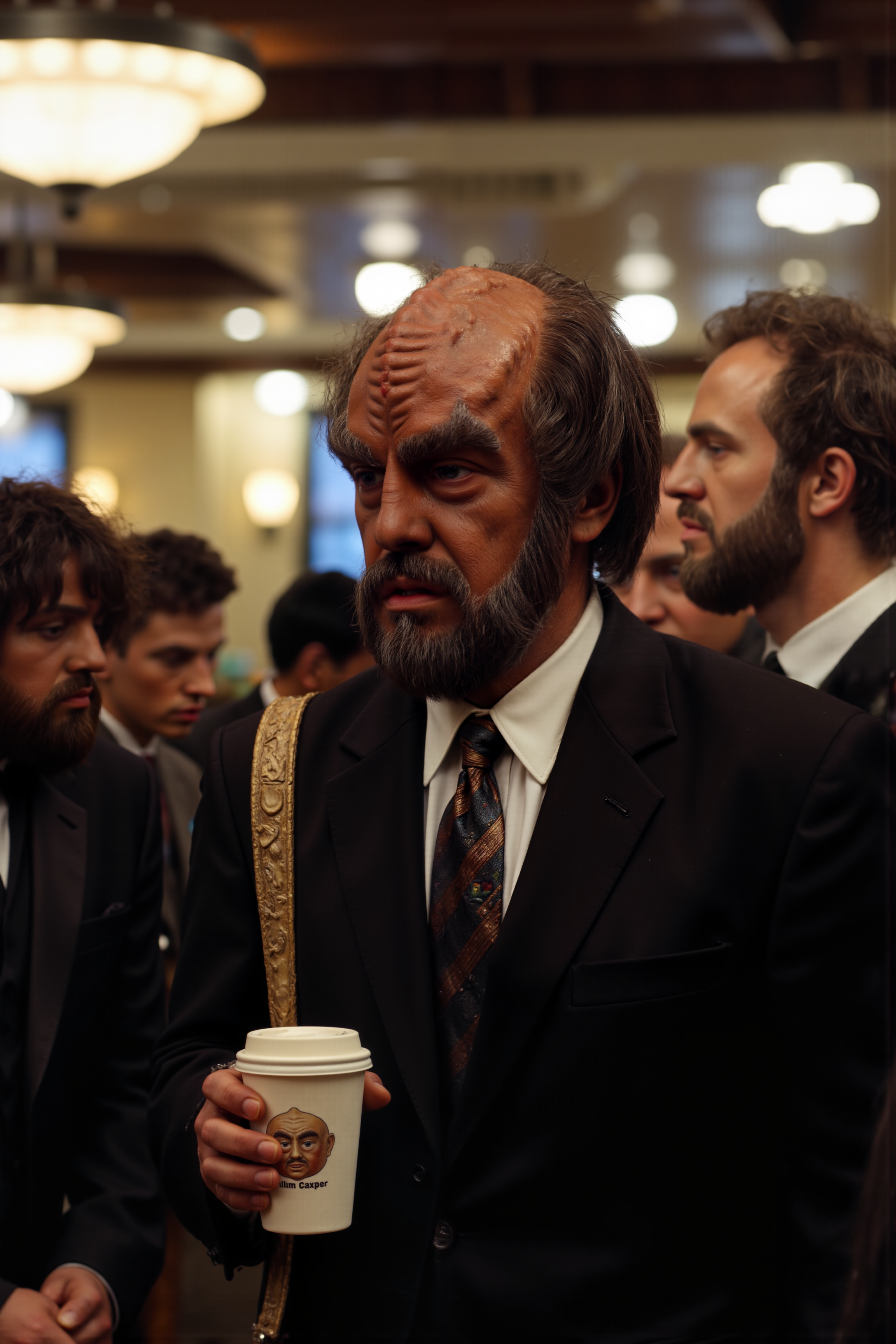 A hyper-realistic portrait, photorealistic photo close-up image of  A Klingon in a full business suit, complete with a briefcase, stands impatiently in line at a crowded coffee shop. His ridged forehead is furrowed as he glares at the long list of complicated drink orders being shouted out by the barista. The brightly lit cafÃ© is bustling with people tapping away on laptops, chatting over pastries, and sipping on artisanal lattes. The Klingonâs tie is slightly askew, and his expression is one of barely-contained frustration as he listens to someone ahead of him order a "decaf, soy, caramel macchiato." His bat'leth, comically out of place, is strapped to his back, gleaming in the soft glow of the overhead lights. In his hand, he holds a reusable coffee cup, its design featuring a cartoon Klingon face giving a thumbs up. Behind him, a group of college students quietly discuss their assignments, oblivious to the imposing figure in their midst. The scene is a humorous clash of cultures, as the Klingon warrior patiently endures the trials of a modern-day coffee run. (photography, high-resolution, dynamic, energetic,hyper-realistic, dramatic lighting, shallow depth of field.)<lora:aidmaMJ6.1-FLUX-V0.1:0.6><lora:Movie_Portrait><lora:Flux DetailerV2><lora:klingon_FLUX:1.1>