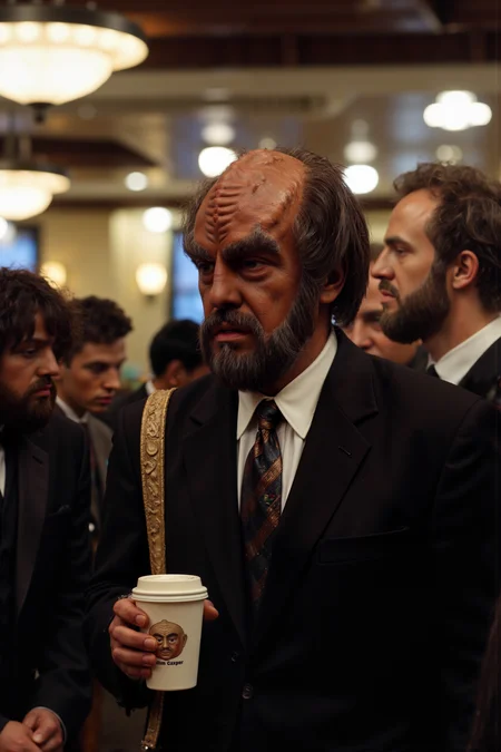 A hyper-realistic portrait, photorealistic photo close-up image of  A Klingon in a full business suit, complete with a briefcase, stands impatiently in line at a crowded coffee shop. His ridged forehead is furrowed as he glares at the long list of complicated drink orders being shouted out by the barista. The brightly lit cafÃ© is bustling with people tapping away on laptops, chatting over pastries, and sipping on artisanal lattes. The Klingonâs tie is slightly askew, and his expression is one of barely-contained frustration as he listens to someone ahead of him order a "decaf, soy, caramel macchiato." His bat'leth, comically out of place, is strapped to his back, gleaming in the soft glow of the overhead lights. In his hand, he holds a reusable coffee cup, its design featuring a cartoon Klingon face giving a thumbs up. Behind him, a group of college students quietly discuss their assignments, oblivious to the imposing figure in their midst. The scene is a humorous clash of cultures, as the Klingon warrior patiently endures the trials of a modern-day coffee run. (photography, high-resolution, dynamic, energetic,hyper-realistic, dramatic lighting, shallow depth of field.)<lora:aidmaMJ6.1-FLUX-V0.1:0.6><lora:Movie_Portrait><lora:Flux DetailerV2><lora:klingon_FLUX:1.1>