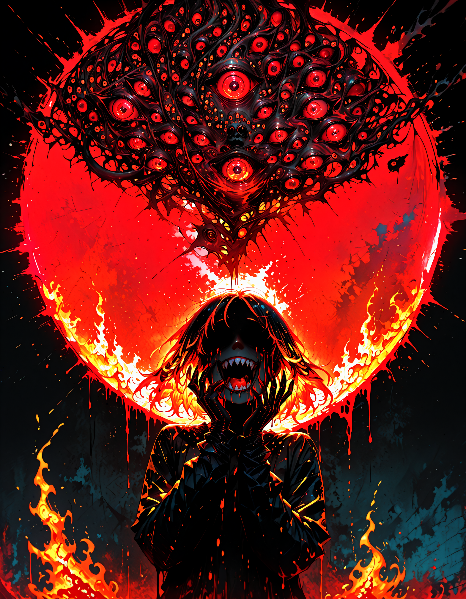 masterpiece, best quality, amazing quality, very aesthetic, absurdres,15546+456868, abstract,xuer guangying,opill
,ADDCOMM,
background of too many eyes, pitch black, Black mist of red eyes, glowing red, black fog, eldritch, horror, black background,(too many eyes), red eyes|orange eyes| yellow eyes
,ADDROW,
red horizon, division, blast
,ADDROW,
, 1girl, fire on eyesockets,multicolored hair, bright yellow hair, bright red hair, bright orange hair, (melting, no eyes), sharp teeth, glowing,blood from eyes, shaded face, in shadows
,hand on cheeks, (laughing), big open mouth, blood from mouth
,  <lora:114558v4df2fsdf5:1>   <lora:ç»ªå¿ åæ¶æå¾åå½±è´¨æå¢å¼ºV3:0.75> <lora:OilPaintingILL:0.5>  <lora:GlowingNightmare_IXL:0.25>