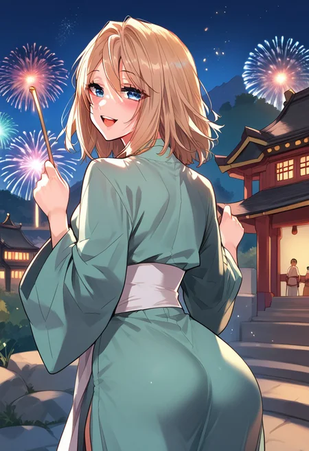 zPDXL3, score_9_up, score_8_up, score_7_up, (Anime_source), 1girl, Olivia, blue eyes, light brown hair, medium hair, kimono, cowboy shot, looking back, looking at viewer, from behind, smile open mouth, blush, rimlight, night, fireworks, standing on mountains, ancient temple, particles