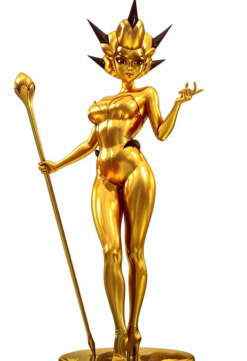 vivid colors, high quality, best quality, masterpiece, high resolution, 4K, BREAK, Style Queen, golden skin, golden sclerae, golden hair, dark golden eyes, five dark ambers pointed stones attached around the front, golden strapless jumpsuit, golden high-heeled boots, golden staff,  golden statue, BREAK, Simple Background, 