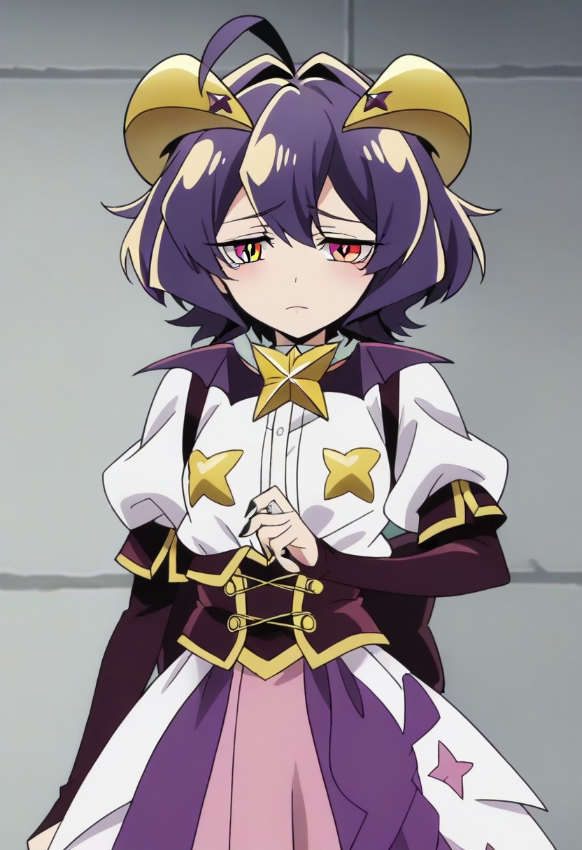 source_anime <lora:GushingoverMagicalGirlsSet1:0.8>, MagiaBaiser, short hair, yellow eyes, ahoge, purple hair, magical girl, showgirl skirt, black nails, low wings, cross-shaped pupils, yellow horns, star pasties,,, ,,, , , ,,,, ,,, , ,,,,,,,, anime coloring,anime screencap, 1girl,Solo ,, anime,official art,,Uncensored ,Unedited ,,,,,,,,