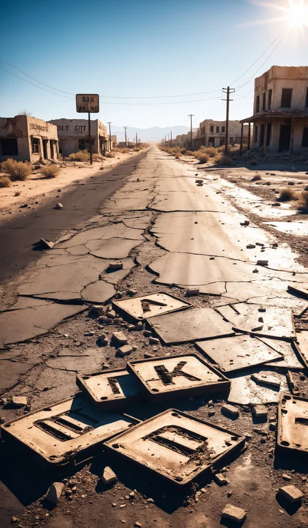 Post apocalyptic background image of desert city wasteland with abandoned and destroyed buildings, cracked road and sign., breathtaking photograph, dramatic light, award-winning, professional, highly detailed . 35mm photograph, film, bokeh, professional, 4k ,minimalistic, <lora:add-detail-xl:1>, cinematic look, <lora:SDXLHighDetail:0.3>