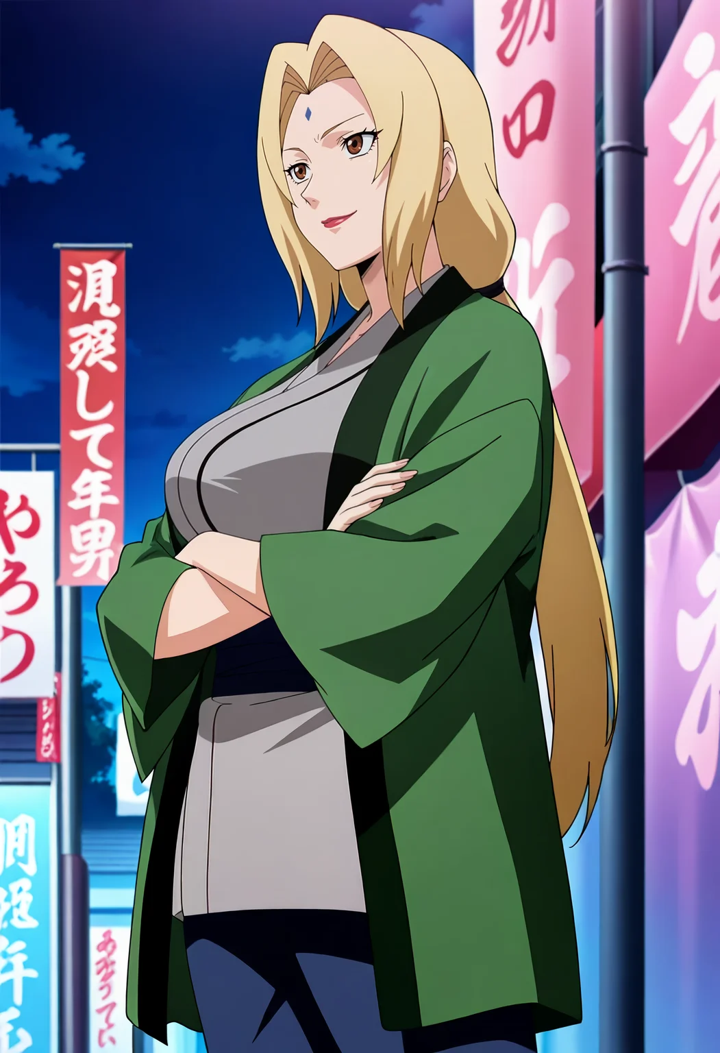 outdoors, smile,solo,cowboy shot, standing, crossed arms,
<lora:tsunade a2:1> tsunadea,brown eyes, blonde hair, long hair, large breasts, twintails, lips, makeup, low twintails, lipstick, red lips,
forehead mark,
coat,green coat, kimono,grey kimono, pants,blue pants, high heels,
anime screencap, masterpiece, best quality,
