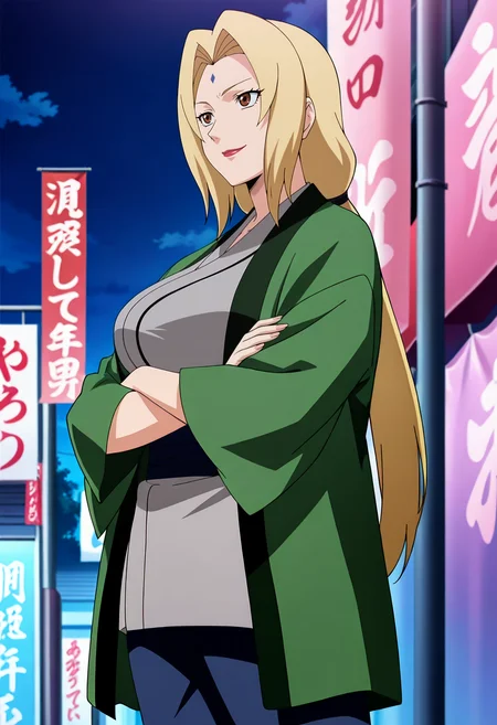 outdoors, smile,solo,cowboy shot, standing, crossed arms,
<lora:tsunade a2:1> tsunadea,brown eyes, blonde hair, long hair, large breasts, twintails, lips, makeup, low twintails, lipstick, red lips,
forehead mark,
coat,green coat, kimono,grey kimono, pants,blue pants, high heels,
anime screencap, masterpiece, best quality,