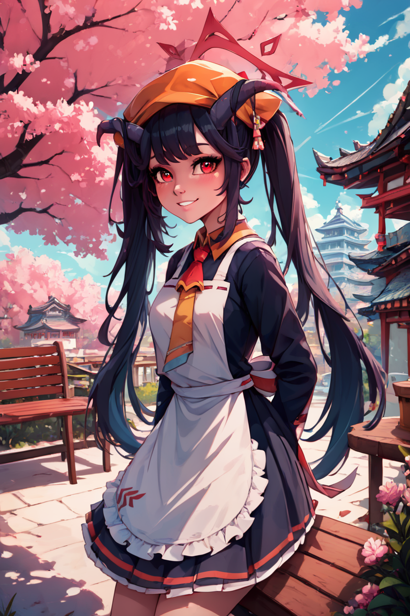 score_9, score_8_up, score_8, medium breasts, (curvy), cute, eyelashes,       BREAK, , ,,, zzFuuka, red eyes, black hair, long hair, horns, halo, demon horns, twintails black dress, white apron, frilled apron,  orange headwear, school uniform, necktie,  <lora:Fuuka_BlueArchive_PDXL:0.8>,   ,,,, BREAK, sitting on bench, side view, smile, looking at viewer, cowboy shot,  ,,, BREAK, pnkBldng, sky, day, cloud, tree, blue sky, building, architecture, east asian architecture,  ,,, BREAK, embedding:zPDXL, Expressiveh,  ,,, <lora:PinkBuildingsPDXL_v2:0.6>, <lora:SDXLFaeTastic2400:0.5>, <lora:Expressive_H-000001:0.4>